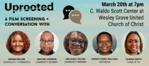 Portraits of panelists discussing film "Uprooted" at March 20 event in Newport News